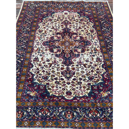 Vintage Turkish Wool Rug 3'2" x 5', Hand-Knotted Floral Medallion Carpet, Ivory Navy Burgundy