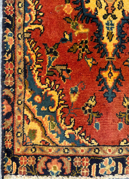 1.7x3 ft Vintage Entryway Rug: 1930s Hand-Knotted Wool, Geometric Accent