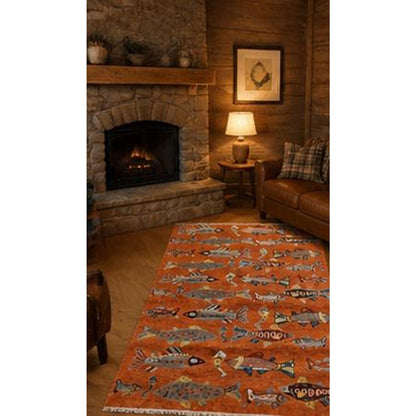 Turkish Oushak Rug 5x8, Hand-Knotted 100% Wool Fish Rug, Tree of Life Bohemian Area Rug, Terracotta Nursery Decor
