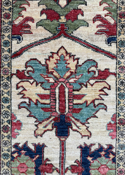 3x10 ft Vintage 1990s Heriz Runner Rug: Hand Knotted Wool Carpet, Beige Oriental Hallway & Entryway Rug
