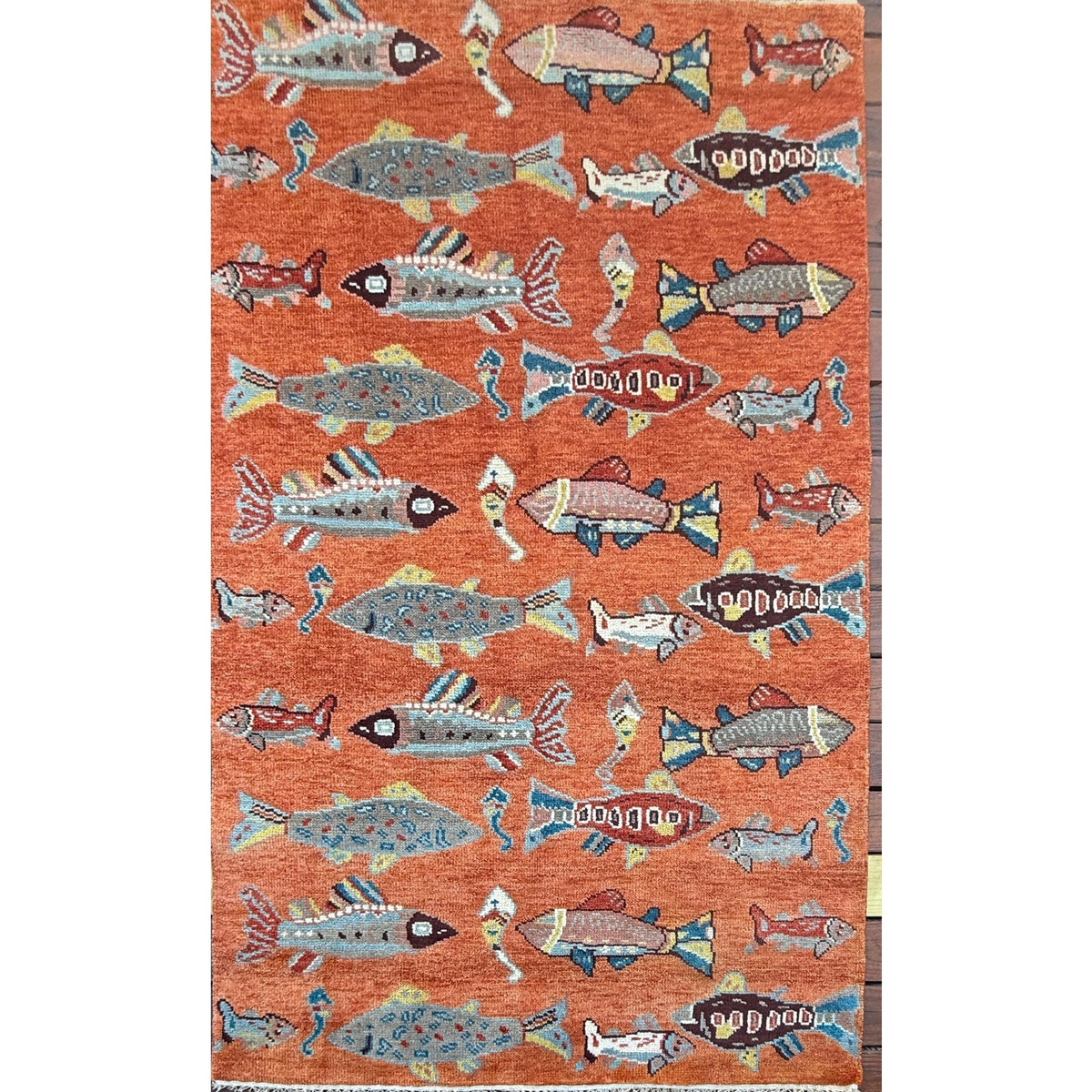 Turkish Oushak Rug 5x8, Hand-Knotted 100% Wool Fish Rug, Tree of Life Bohemian Area Rug, Terracotta Nursery Decor