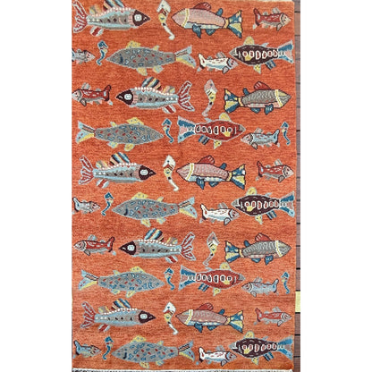 Turkish Oushak Rug 5x8, Hand-Knotted 100% Wool Fish Rug, Tree of Life Bohemian Area Rug, Terracotta Nursery Decor