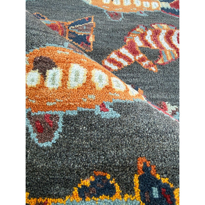 Modern Turkish Fish Design Rug 3x5.1, Hand Knotted Wool Sea Animal Pattern, Bohemian Accent