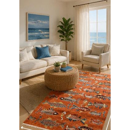 Turkish Oushak Rug 5x8, Hand-Knotted 100% Wool Fish Rug, Tree of Life Bohemian Area Rug, Terracotta Nursery Decor