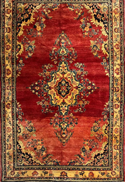 4.5x7 ft Vintage 1950s Kashan Floral Rug: Hand-Knotted Wool Carpet,  Red & Gold Medallion Floral Design, Oriental  Accent