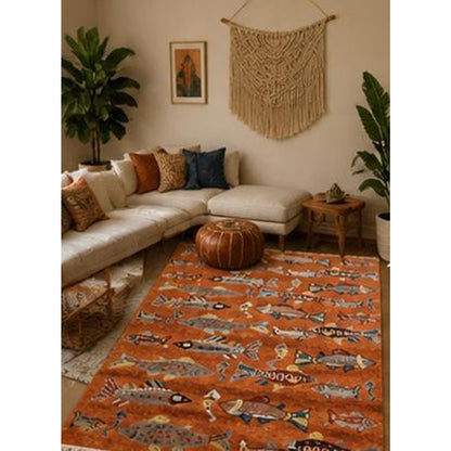 Turkish Oushak Rug 5x8, Hand-Knotted 100% Wool Fish Rug, Tree of Life Bohemian Area Rug, Terracotta Nursery Decor