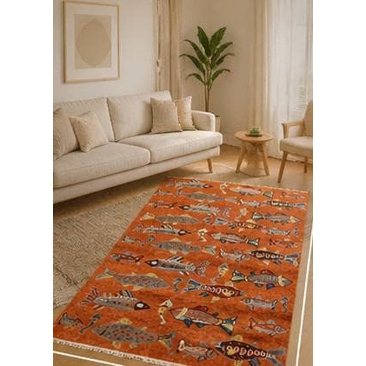 Turkish Oushak Rug 5x8, Hand-Knotted 100% Wool Fish Rug, Tree of Life Bohemian Area Rug, Terracotta Nursery Decor