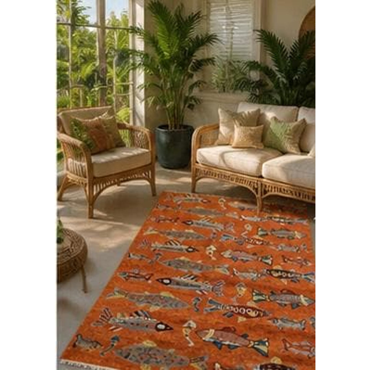 Turkish Oushak Rug 5x8, Hand-Knotted 100% Wool Fish Rug, Tree of Life Bohemian Area Rug, Terracotta Nursery Decor