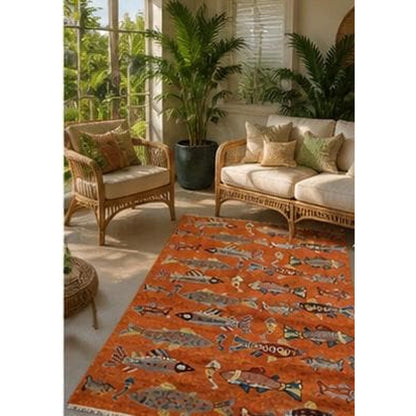 Turkish Oushak Rug 5x8, Hand-Knotted 100% Wool Fish Rug, Tree of Life Bohemian Area Rug, Terracotta Nursery Decor