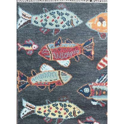 Modern Turkish Fish Design Rug 3x5.1, Hand Knotted Wool Sea Animal Pattern, Bohemian Accent