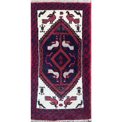 Turkish Handmade Wool Rug, Red Navy Bird Motif Medallion (2'9" x 5'3")