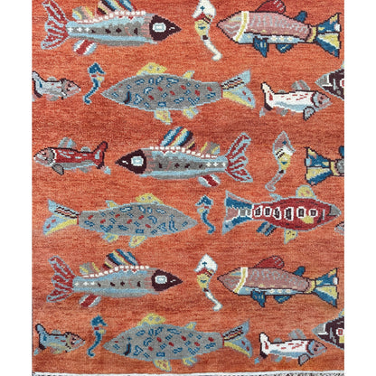Turkish Oushak Rug 5x8, Hand-Knotted 100% Wool Fish Rug, Tree of Life Bohemian Area Rug, Terracotta Nursery Decor