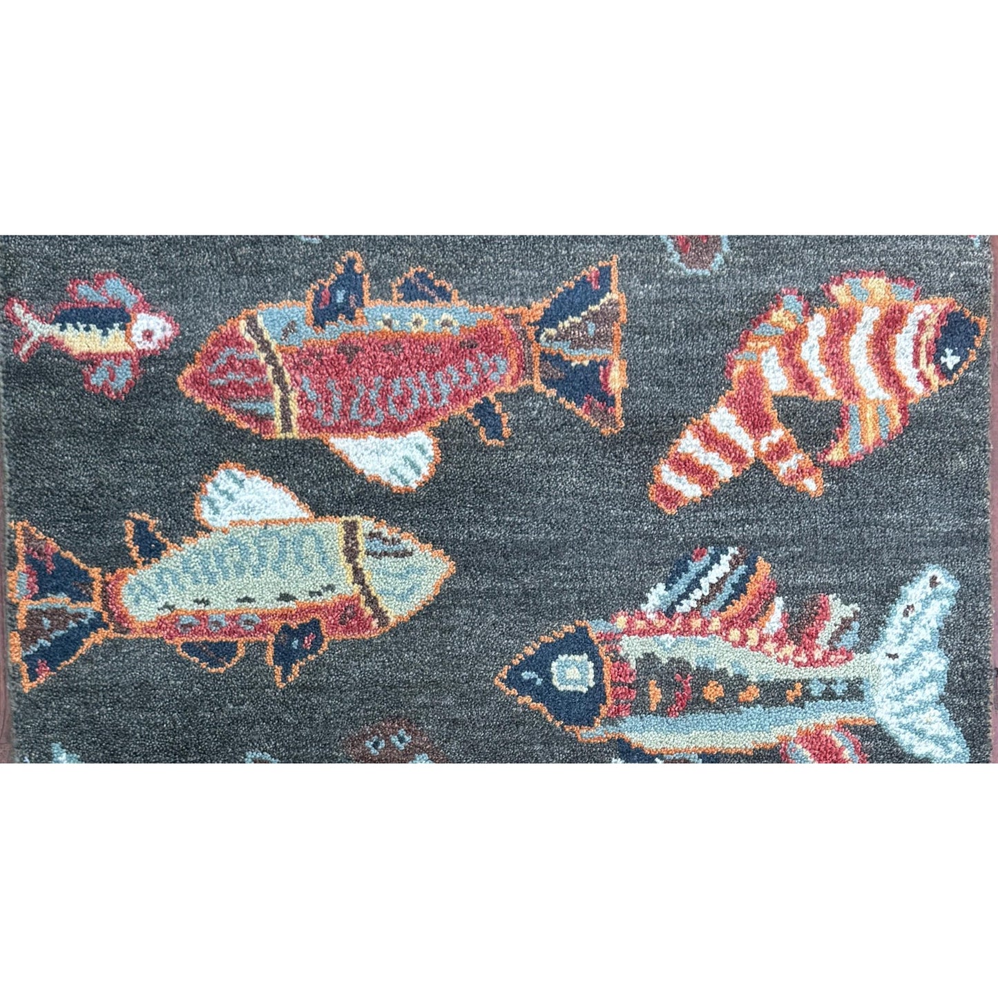 Modern Turkish Fish Design Rug 3x5.1, Hand Knotted Wool Sea Animal Pattern, Bohemian Accent