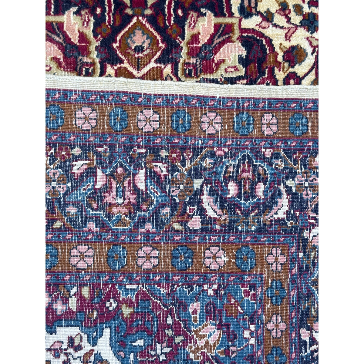 Vintage Turkish Wool Rug 3'2" x 5', Hand-Knotted Floral Medallion Carpet, Ivory Navy Burgundy