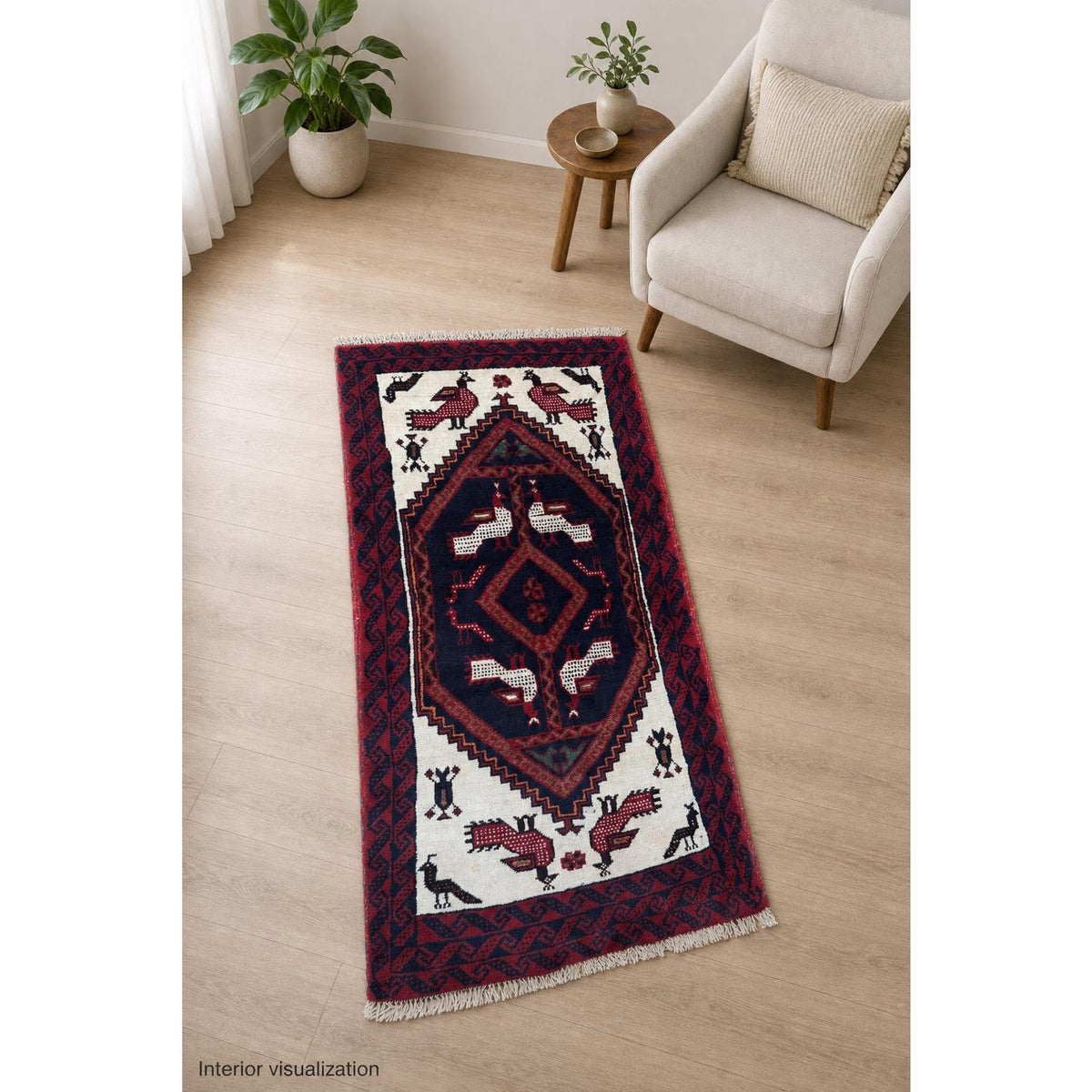 Turkish Handmade Wool Rug, Red Navy Bird Motif Medallion (2'9" x 5'3")