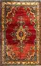 4.5x7 ft Vintage 1950s Kashan Floral Rug: Hand-Knotted Wool Carpet,  Red & Gold Medallion Floral Design, Oriental  Accent