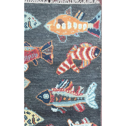 Modern Turkish Fish Design Rug 3x5.1, Hand Knotted Wool Sea Animal Pattern, Bohemian Accent