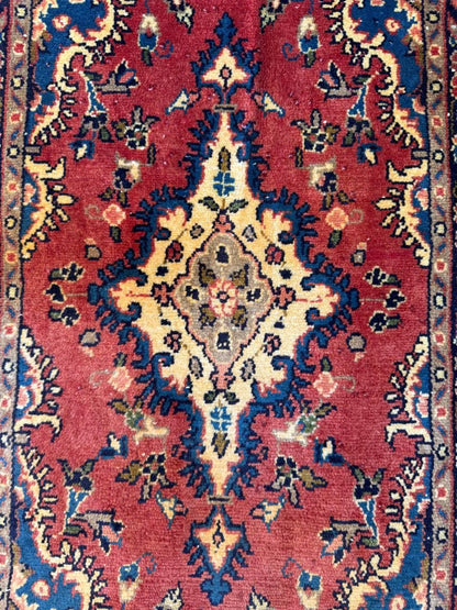 1.7x3 ft Vintage Entryway Rug: 1930s Hand-Knotted Wool, Geometric Accent