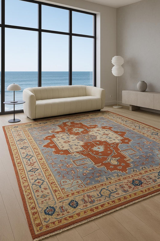 8x10 ft Turkish Heriz Rug: Hand Knotted Wool Oriental Carpet