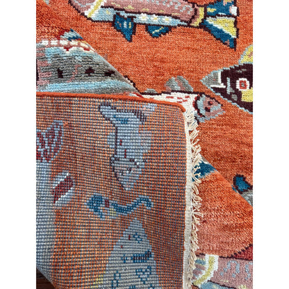 Turkish Oushak Rug 5x8, Hand-Knotted 100% Wool Fish Rug, Tree of Life Bohemian Area Rug, Terracotta Nursery Decor