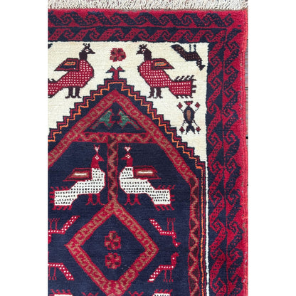 Turkish Handmade Wool Rug, Red Navy Bird Motif Medallion (2'9" x 5'3")