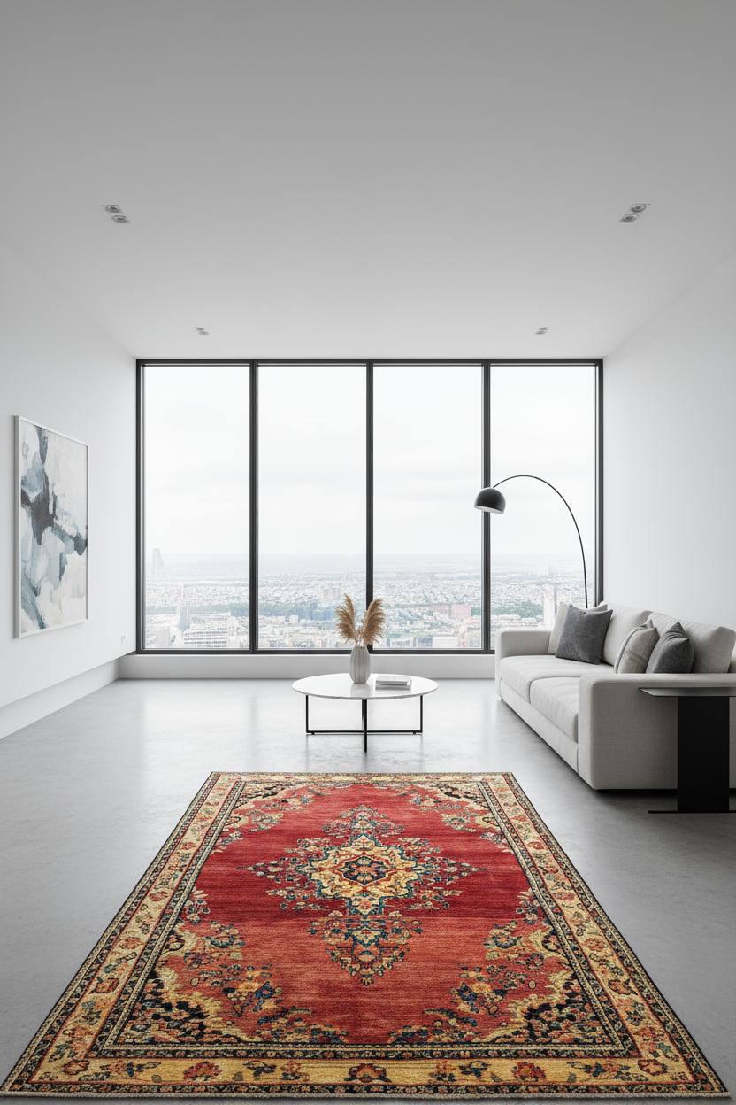 4.5x7 ft Vintage 1950s Kashan Floral Rug: Hand-Knotted Wool Carpet,  Red & Gold Medallion Floral Design, Oriental  Accent