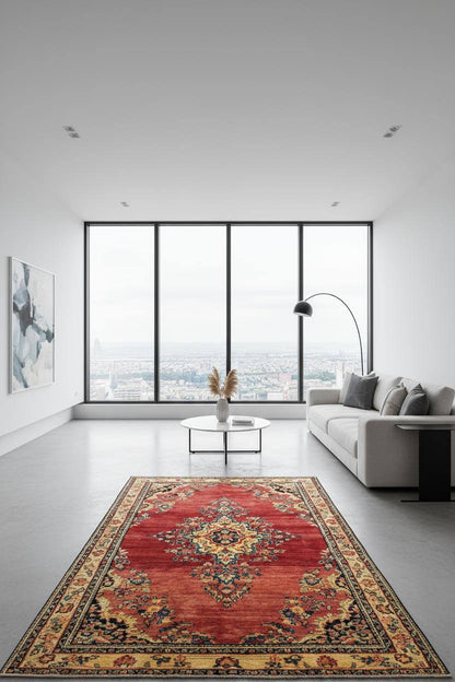 4.5x7 ft Vintage 1950s Kashan Floral Rug: Hand-Knotted Wool Carpet,  Red & Gold Medallion Floral Design, Oriental  Accent