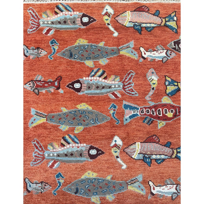 Turkish Oushak Rug 5x8, Hand-Knotted 100% Wool Fish Rug, Tree of Life Bohemian Area Rug, Terracotta Nursery Decor