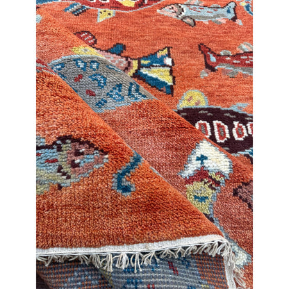 Turkish Oushak Rug 5x8, Hand-Knotted 100% Wool Fish Rug, Tree of Life Bohemian Area Rug, Terracotta Nursery Decor