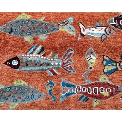 Turkish Oushak Rug 5x8, Hand-Knotted 100% Wool Fish Rug, Tree of Life Bohemian Area Rug, Terracotta Nursery Decor