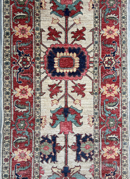 3x10 ft Vintage 1990s Heriz Runner Rug: Hand Knotted Wool Carpet, Beige Oriental Hallway & Entryway Rug
