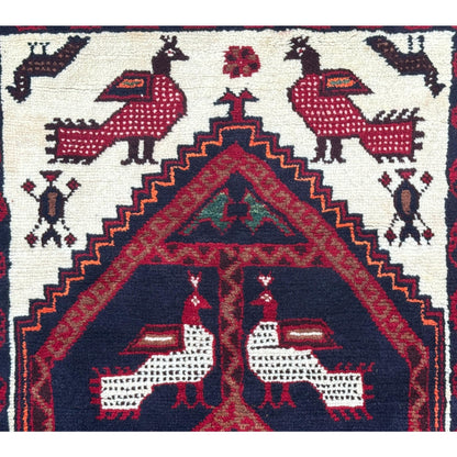 Turkish Handmade Wool Rug, Red Navy Bird Motif Medallion (2'9" x 5'3")