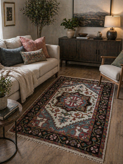 4x6 ft Hand-knotted Oushak Turkish Rug: Heriz-Style Wool Carpet