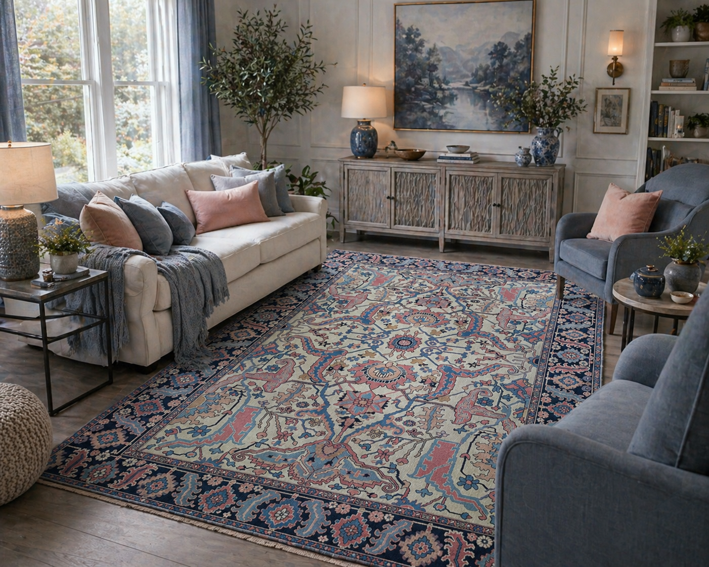 Large Vintage Heriz Style Rug 12.9x9.3 ft – Hand Knotted Wool Carpet – Persian Serapi Design – Blue Ivory Oriental Rug