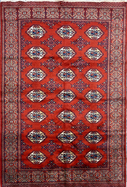 6.3x4.3 ft Pakistani Bokhara Jhaldar Rug, 1980s Vintage Hand Knotted Wool Oriental Carpet, Small Geometric Area Rug