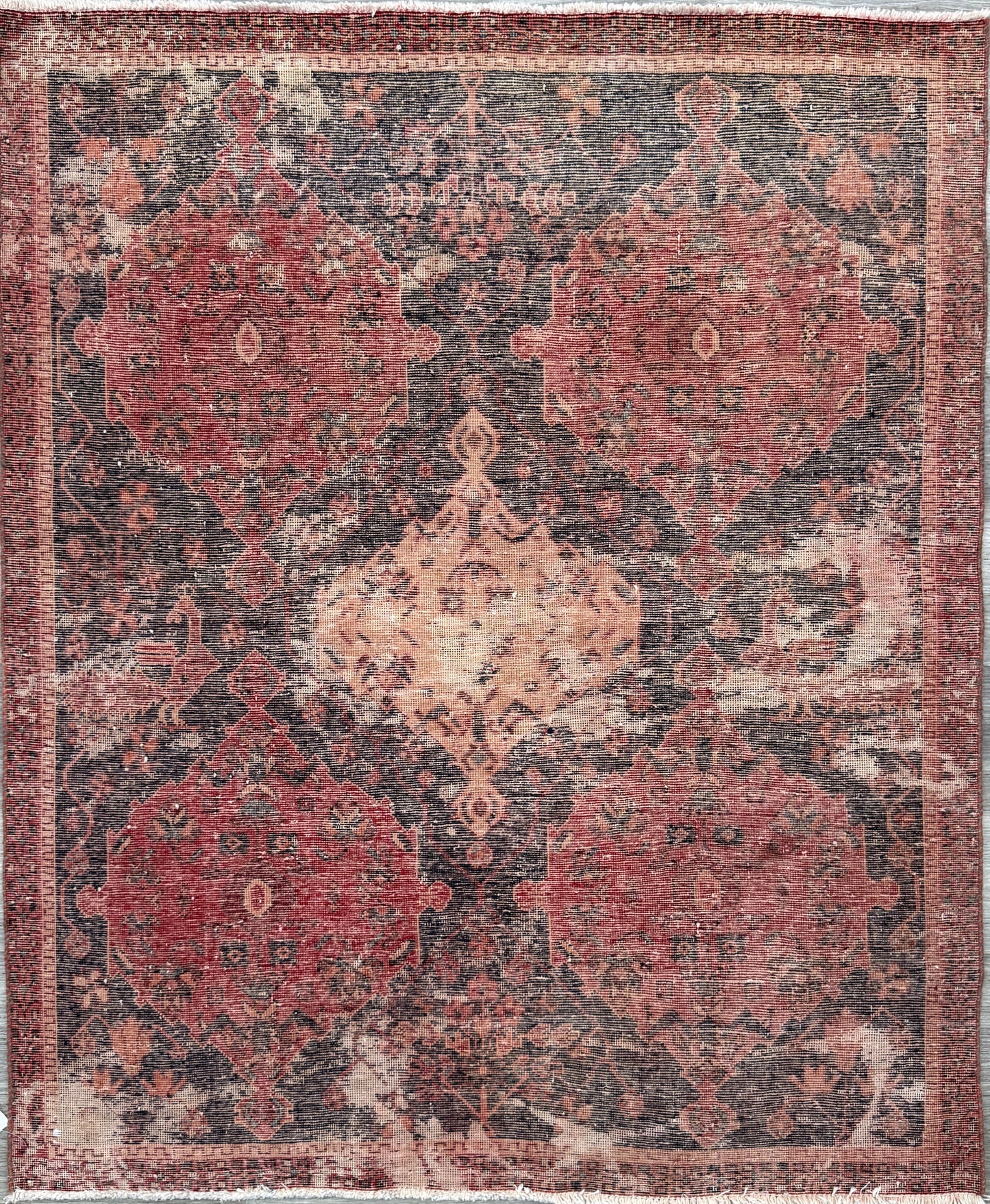 Vintage Turkish Anatolian Rug 4.1x5 ft Hand Knotted Wool Tribal Geometric Rug 1960s