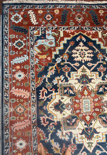 9x12 ft Serapi Heriz Rug: Hand Knotted Wool Carpet, Vibrant Color Geometric Oriental Large Area Rug