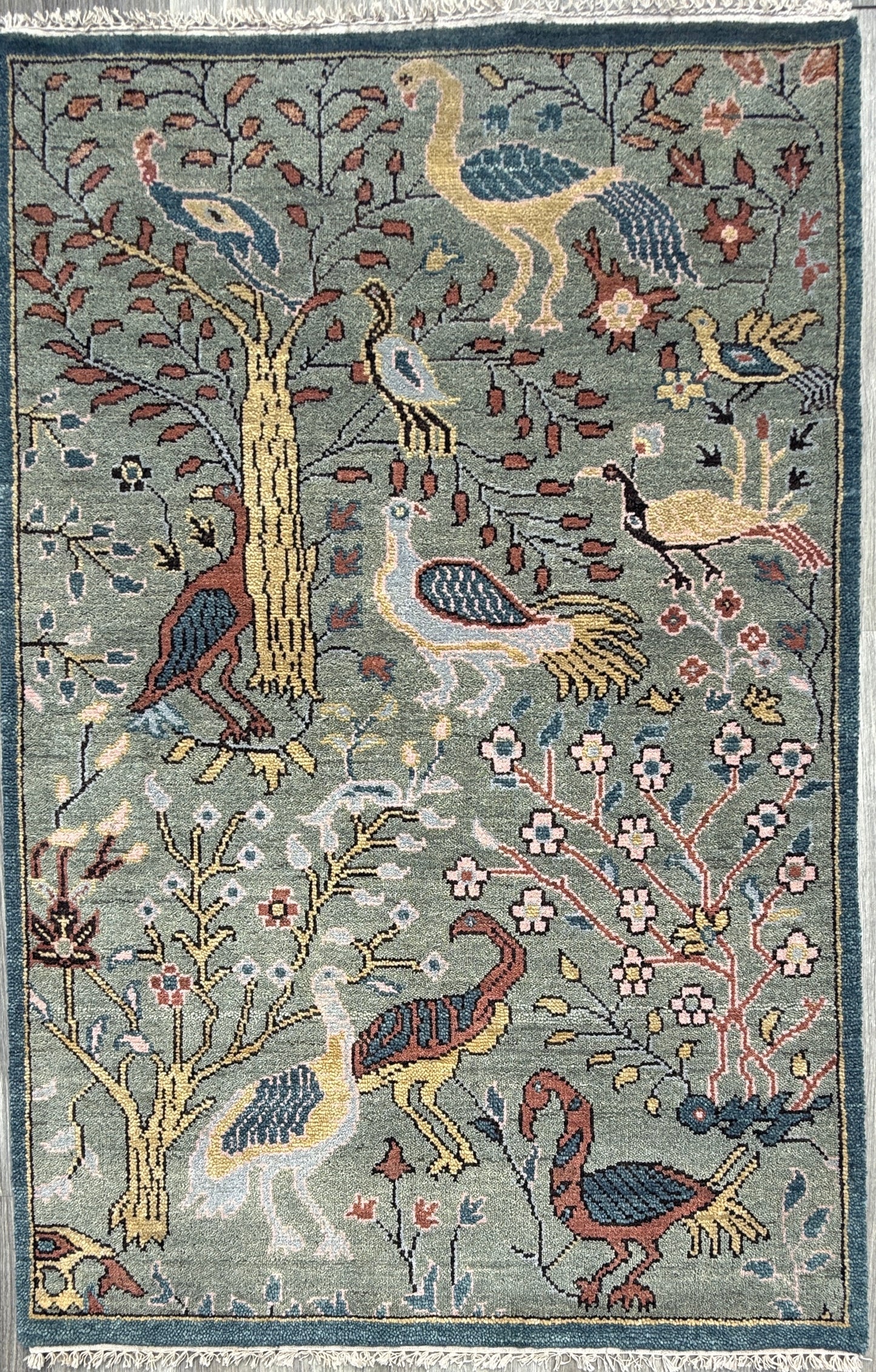 Turkish Oushak Rug 4x6 ft – Tree of Life Birds Design, Wool Area Rug