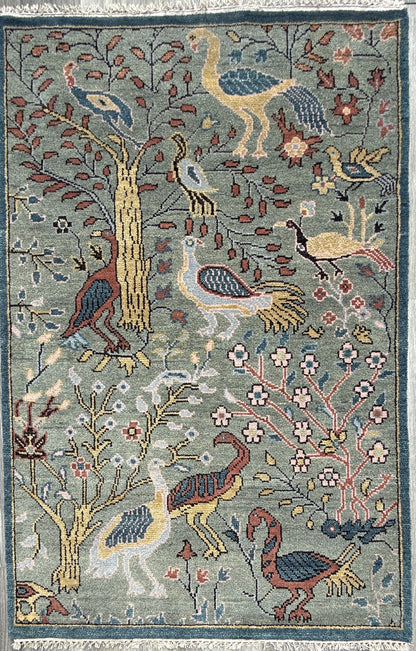 Turkish Oushak Rug 4x6 ft – Tree of Life Birds Design, Wool Area Rug