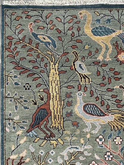 Turkish Oushak Rug 4x6 ft – Tree of Life Birds Design, Wool Area Rug