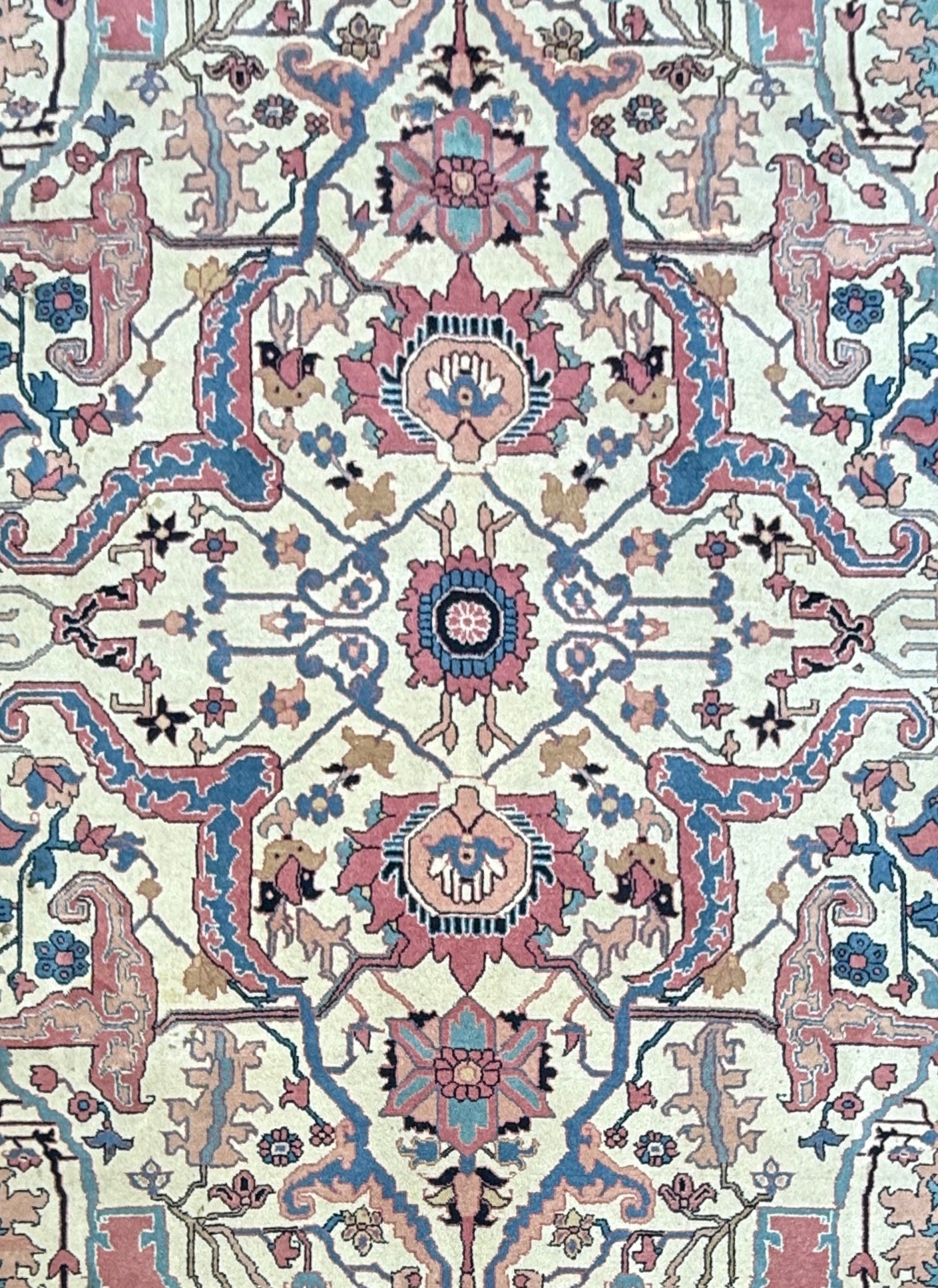Large Vintage Heriz Style Rug 12.9x9.3 ft – Hand Knotted Wool Carpet – Persian Serapi Design – Blue Ivory Oriental Rug