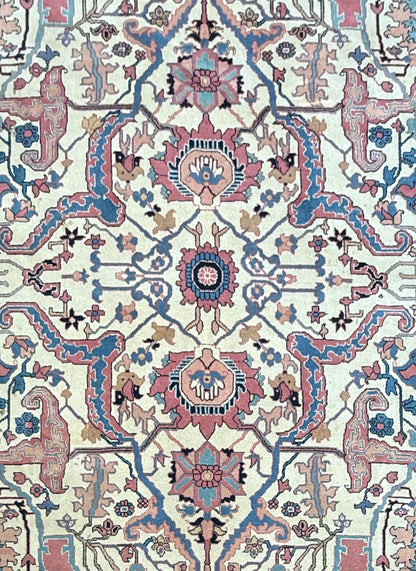 Large Vintage Heriz Style Rug 12.9x9.3 ft – Hand Knotted Wool Carpet – Persian Serapi Design – Blue Ivory Oriental Rug