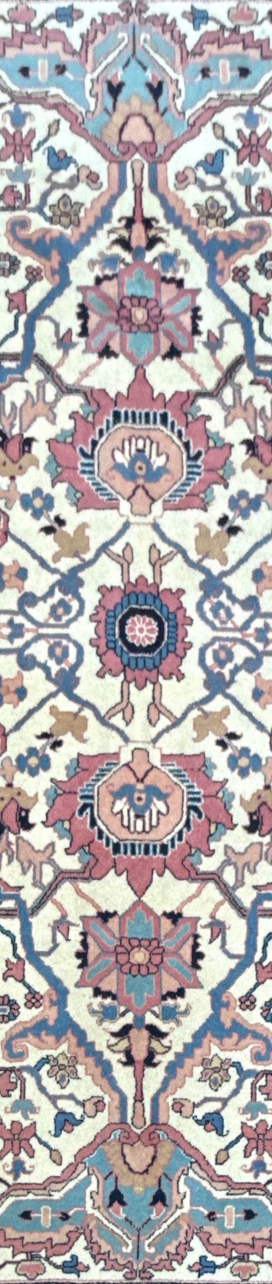 Large Vintage Heriz Style Rug 12.9x9.3 ft – Hand Knotted Wool Carpet – Persian Serapi Design – Blue Ivory Oriental Rug