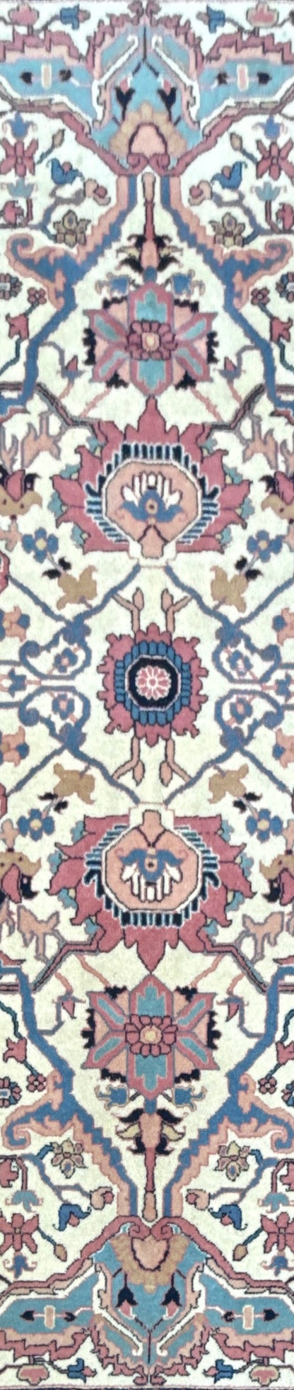 Large Vintage Heriz Style Rug 12.9x9.3 ft – Hand Knotted Wool Carpet – Persian Serapi Design – Blue Ivory Oriental Rug
