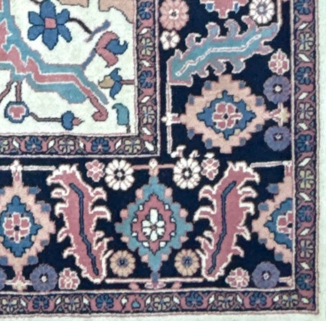 Large Vintage Heriz Style Rug 12.9x9.3 ft – Hand Knotted Wool Carpet – Persian Serapi Design – Blue Ivory Oriental Rug