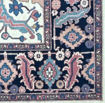 Large Vintage Heriz Style Rug 12.9x9.3 ft – Hand Knotted Wool Carpet – Persian Serapi Design – Blue Ivory Oriental Rug