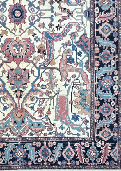 Large Vintage Heriz Style Rug 12.9x9.3 ft – Hand Knotted Wool Carpet – Persian Serapi Design – Blue Ivory Oriental Rug