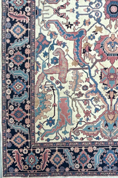 Large Vintage Heriz Style Rug 12.9x9.3 ft – Hand Knotted Wool Carpet – Persian Serapi Design – Blue Ivory Oriental Rug
