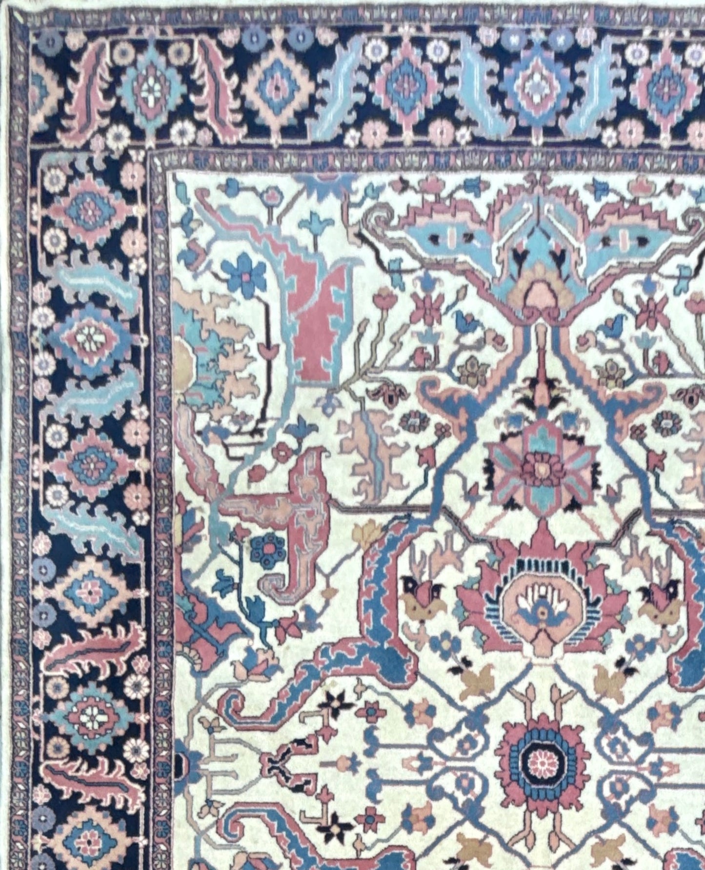Large Vintage Heriz Style Rug 12.9x9.3 ft – Hand Knotted Wool Carpet – Persian Serapi Design – Blue Ivory Oriental Rug