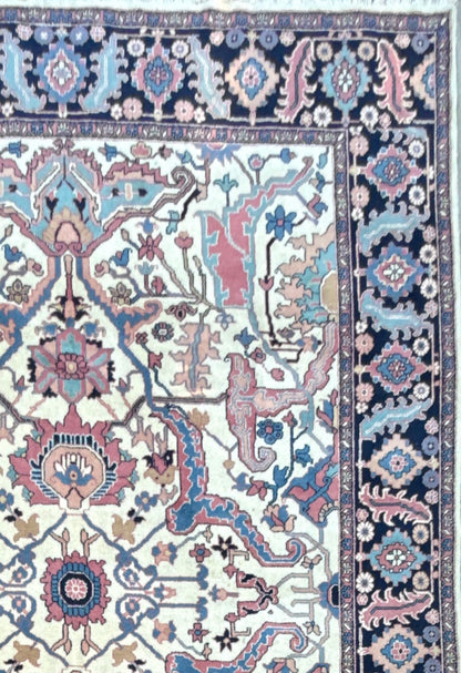 Large Vintage Heriz Style Rug 12.9x9.3 ft – Hand Knotted Wool Carpet – Persian Serapi Design – Blue Ivory Oriental Rug